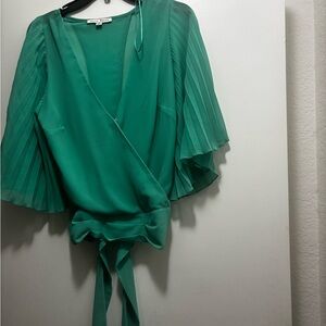 Haute Monde Teal Wrap Blouse w/ Pleated Sleeves & Tie Waist